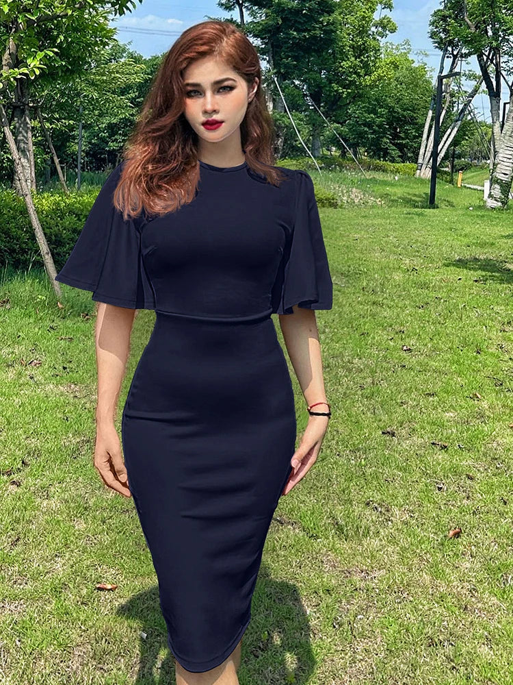 New 2023 Crew Neck Half Sleeve Hips-Wrapped Slim Fit Party Women Midi Dress Autumn Official Dresses For Ladies