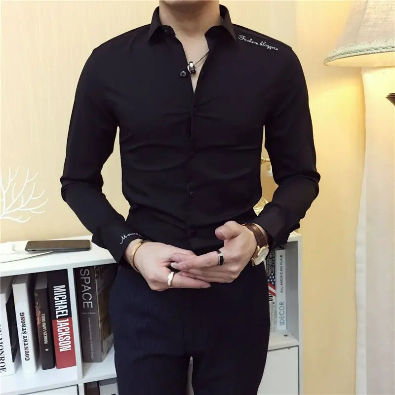 2023 Spring and Autumn Men's Solid Color Slim Fit Button Embroidery Letters Casual Fashion Elegant Commuter Long Sleeve Shirt