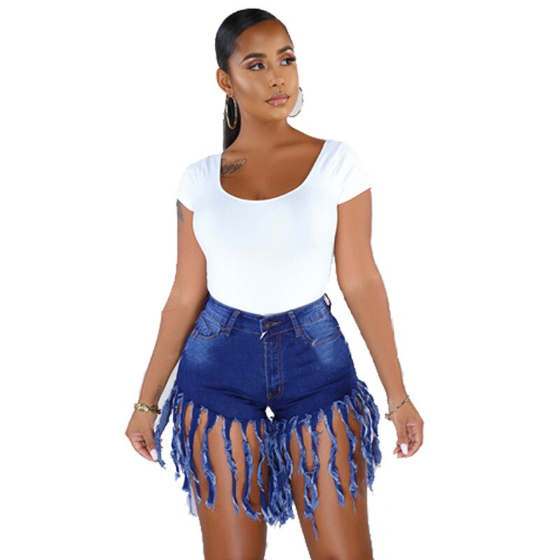 2022 New Women's Summer Tie Dye Long Tassel Denim Shorts Fashion Skinny High Stretch Jeans