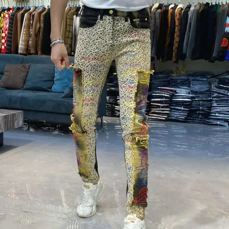 Men's Letter Embroidery Jeans New Punk Motorcycle Pants Jean Homme Elastic Slim Fit Versatile Jean For Men Hip Hop Jean Hombre