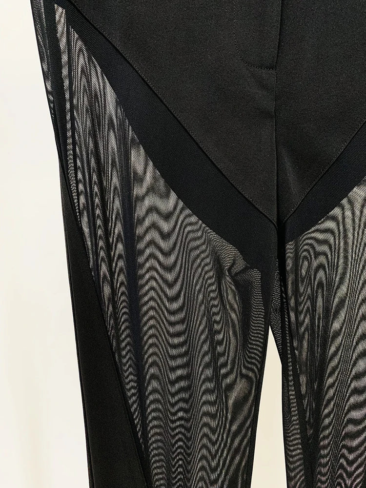 HIGH STREET Newest 2024 Designer Blazer Suit Women's Perspective Gauze Patchwork Blazer Pencil Pants