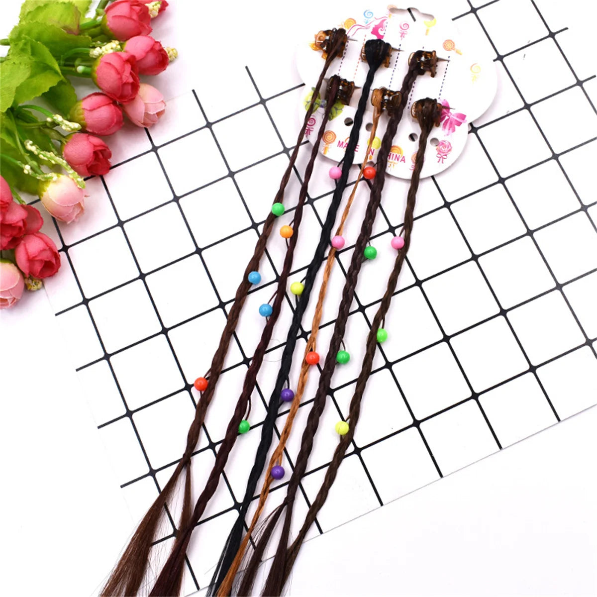 6Pcs/Set Colorful Braids Hair Extensions with Hair Clips Girls Rainbow Braided Ponytail Hairpieces Hair Accessories for Kids