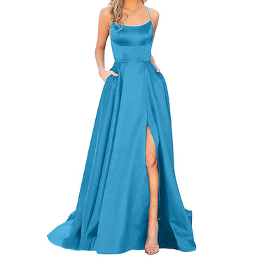 Wedding Dresses Prom For Women Sexy Satin Spaghetti Strapbackless Side Slit Tunic Slip Dress Female Party Evening Long Dress