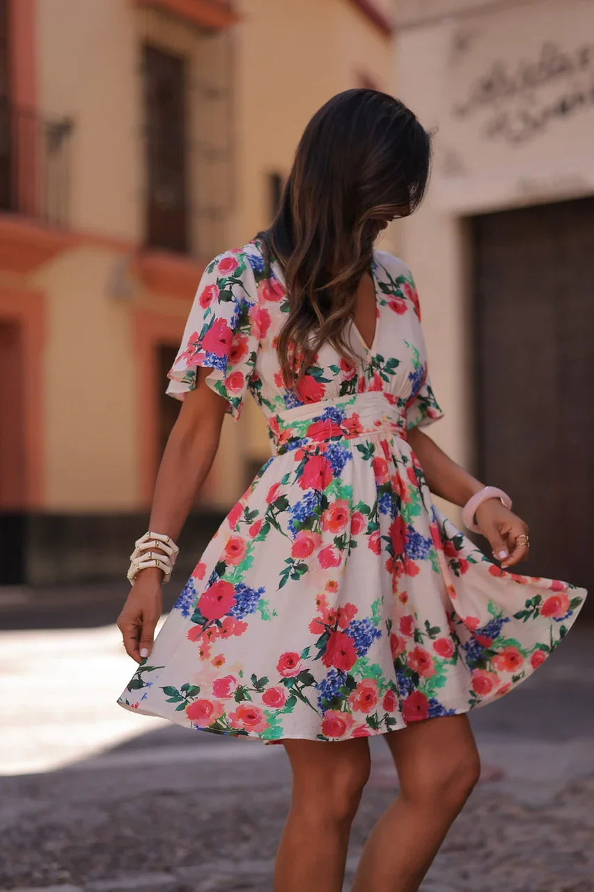 Euro-American Style Ivory Floral Print Deep V Flounce Sleeve Elastic Waist A-Line Summer Daily Date Vacation Mini Dress