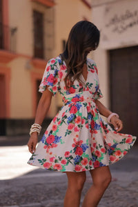 Euro-American Style Ivory Floral Print Deep V Flounce Sleeve Elastic Waist A-Line Summer Daily Date Vacation Mini Dress