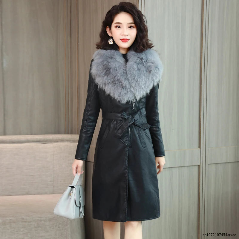 Winter Faux Fur Collar Leather Long Loose Coats Coat Female Jacket Parka Women Femme Rabbit Mink Sheepskin Fashion Fox