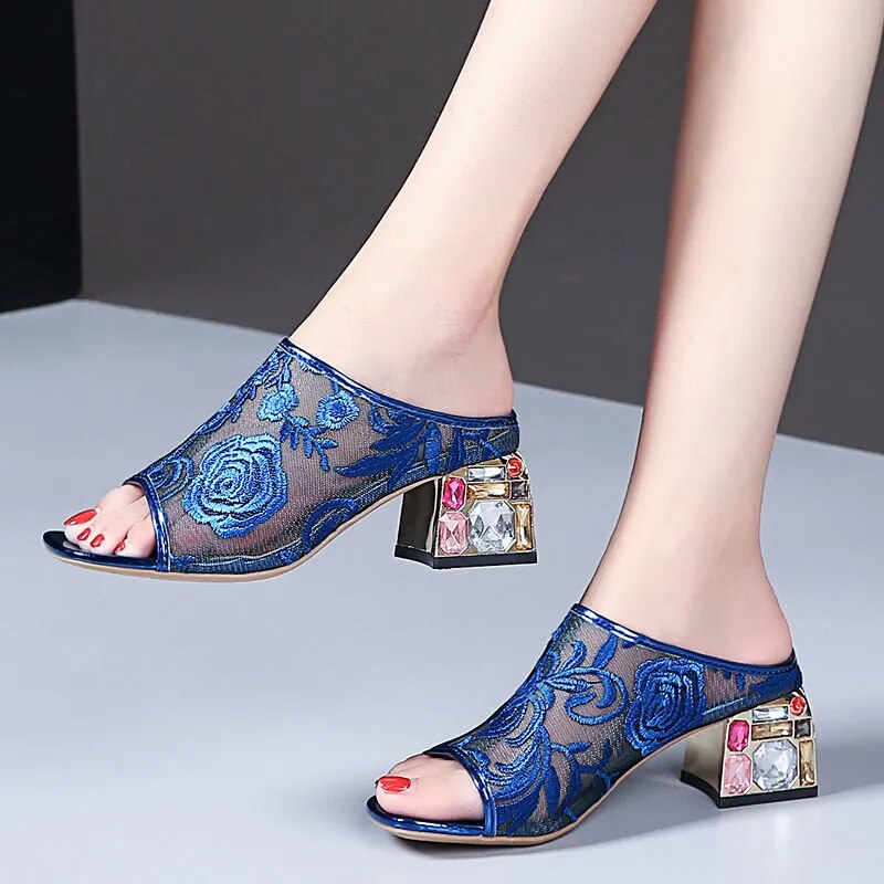 Women's Sandals Ladies Pumps Mesh Square Heel Summer Shoes Slipper Fashion Sexy Slip On Flower Women Comfortable Female Footwear