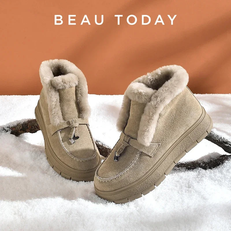 BEAUTODAY Snow Boots Women Cow Suede Platform Sole Round Toe Warm Fur Sewing Design Winter 2023 Ladies Shoes Handmade 08044