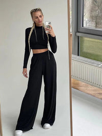 2022 Autumn Winter Women Solid Casual Fitness Tracksuit Set Outfits Long Sleeve Crop Tops Trouser Flare Pants 2 Two Piece Set