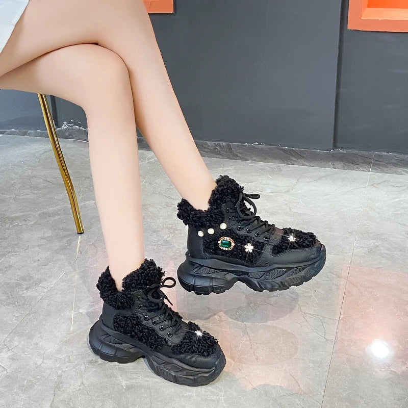 2024 New Winter Fashion Warm Shoes Crystal Metal Decorative Sports Shoes Women's Luxury Velvet Warm Boots zapatos de mujer