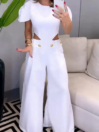 Drauuing Jumpsuit Women Side Hollow Out Loose Wide Leg Pant Elegant Jumpsuit White Sexy Short Sleeve Cut Out Jumpsuit Women