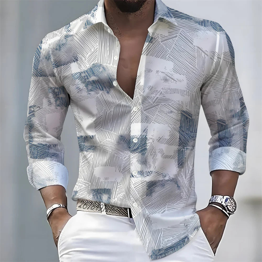 2026 Spring/Autumn New Men's Light Luxury Baroque Style Long-Sleeved Shirt with Color-Blocked Geometric Print Lapel Cardigan