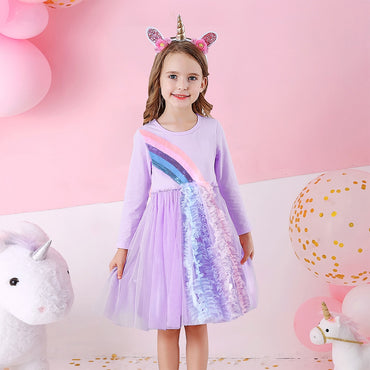 DXTON Princess Kids Dress Heart Sequined Girls Dress Winter Long Sleeve Children Clothing Tutu Flare Sleeve Kids Party Dresses