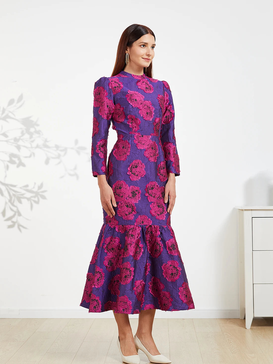 Elegant Brocade Women Maxi Mermaid Dress Long Vintage Flowers Slim Clothing Stand Collar Party Dresses Robe Femme Vestido