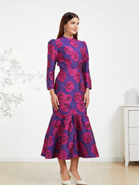 Elegant Brocade Women Maxi Mermaid Dress Long Vintage Flowers Slim Clothing Stand Collar Party Dresses Robe Femme Vestido