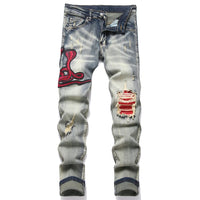 Men's Snake Embroidery Stretch Denim Jeans Streetwear Red Leather Patch Slim Tapered Pants with Holes And Rips Trousers