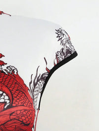 Women's Chinese Dragon Print Hollow-Out Bodycon Dress with Puff Sleeve and Button Detail