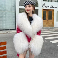 New Leather and Fur Jackets Winter Women Fashion Warm Belt Waist Closing Mongolian Fur Collar Cuffs Short Sheepskin Down Coats