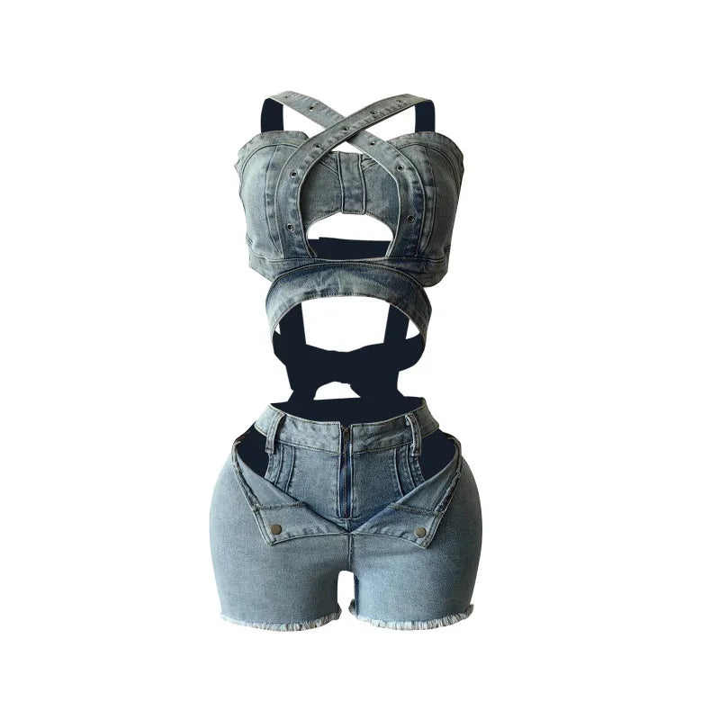 2 Piece Sets Women Denim Shorts Suit Sexy Vest Top Strap Backless Jeans Short Pants Pockets Outfits 2025 Streetwear Ensemble