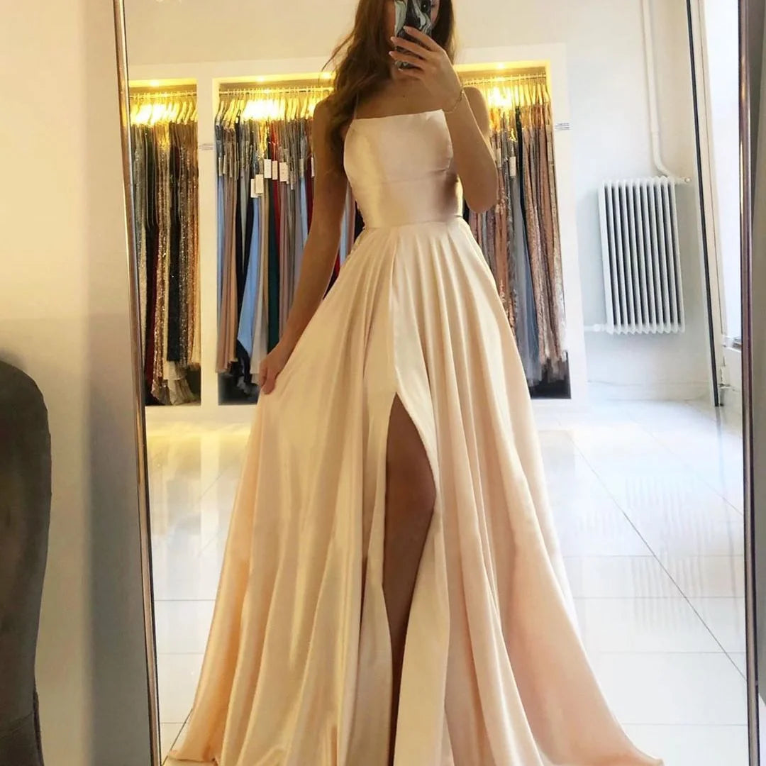 Women Mint Prom Dress 2023 Spaghetti Strap Satin Slit Side Dress A-line Stretch Satin High Split Long Simple Evening Party Gowns