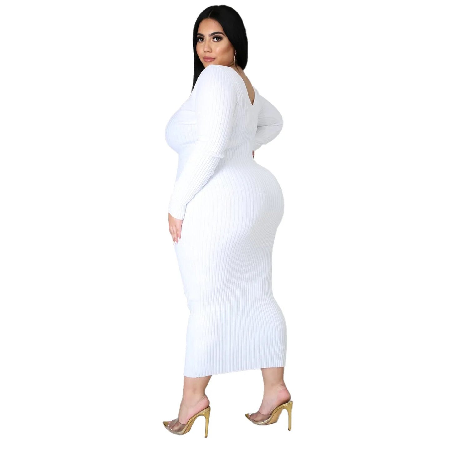 Plus Size Solid Color Long Sleeve Rib Pit Knit Cotton Mid-Calf Dress Women's Bottoming Long Dress Sexy Party Club Dresses