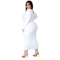 Plus Size Solid Color Long Sleeve Rib Pit Knit Cotton Mid-Calf Dress Women's Bottoming Long Dress Sexy Party Club Dresses