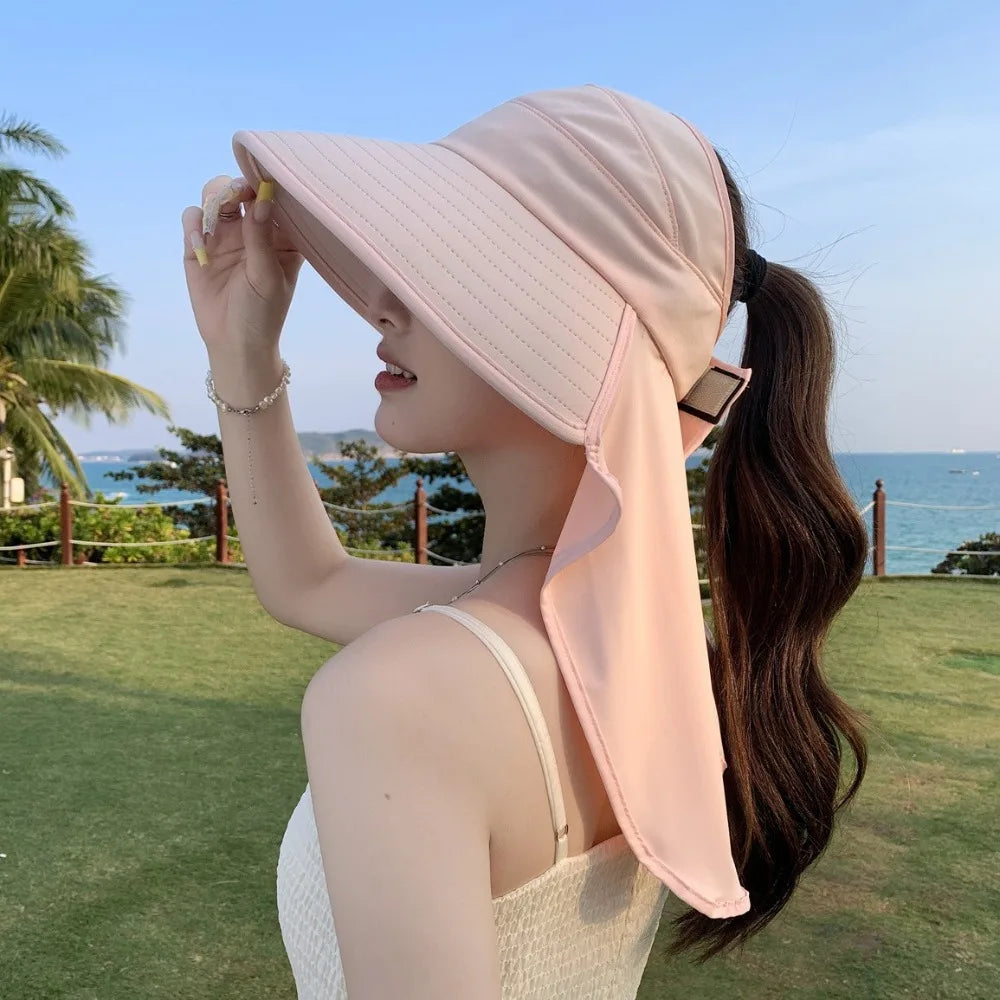 Fashion Summer Women Sun Hat Empty Top 50+ UPF Wide Brim Bucket Hat UV Protection Fishing Cycling Neck Cover Cap Ladies/Girls