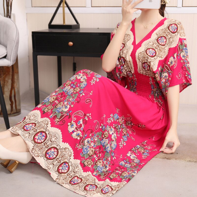 Summer Poplin Dresses Women Round Neck Puff Short Sleeve A Line Print Dresses Ethnic Style Tight High Waist Long Dress 2023