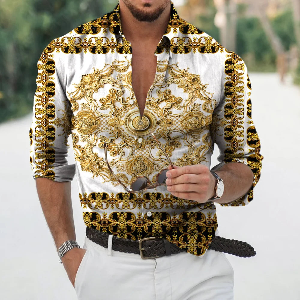 New Luxury Style Print Men's Turn-down Collar Button Shirt Casual Long Sleeve Shirt Fashion Streetwear Trend Tops Comfortable