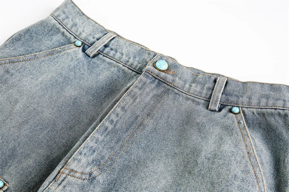 Ripped Jeans Mens With Rivets Pocket Retro High Street Washed Distressed Loose Wide leg Denim Pants Men