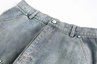 Ripped Jeans Mens With Rivets Pocket Retro High Street Washed Distressed Loose Wide leg Denim Pants Men