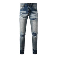 Fashion Top Quality Streetwear Distressed Men's Jeans  Vintage Low Rise Stretch Skinny Button Fly Ripped Hold Pants