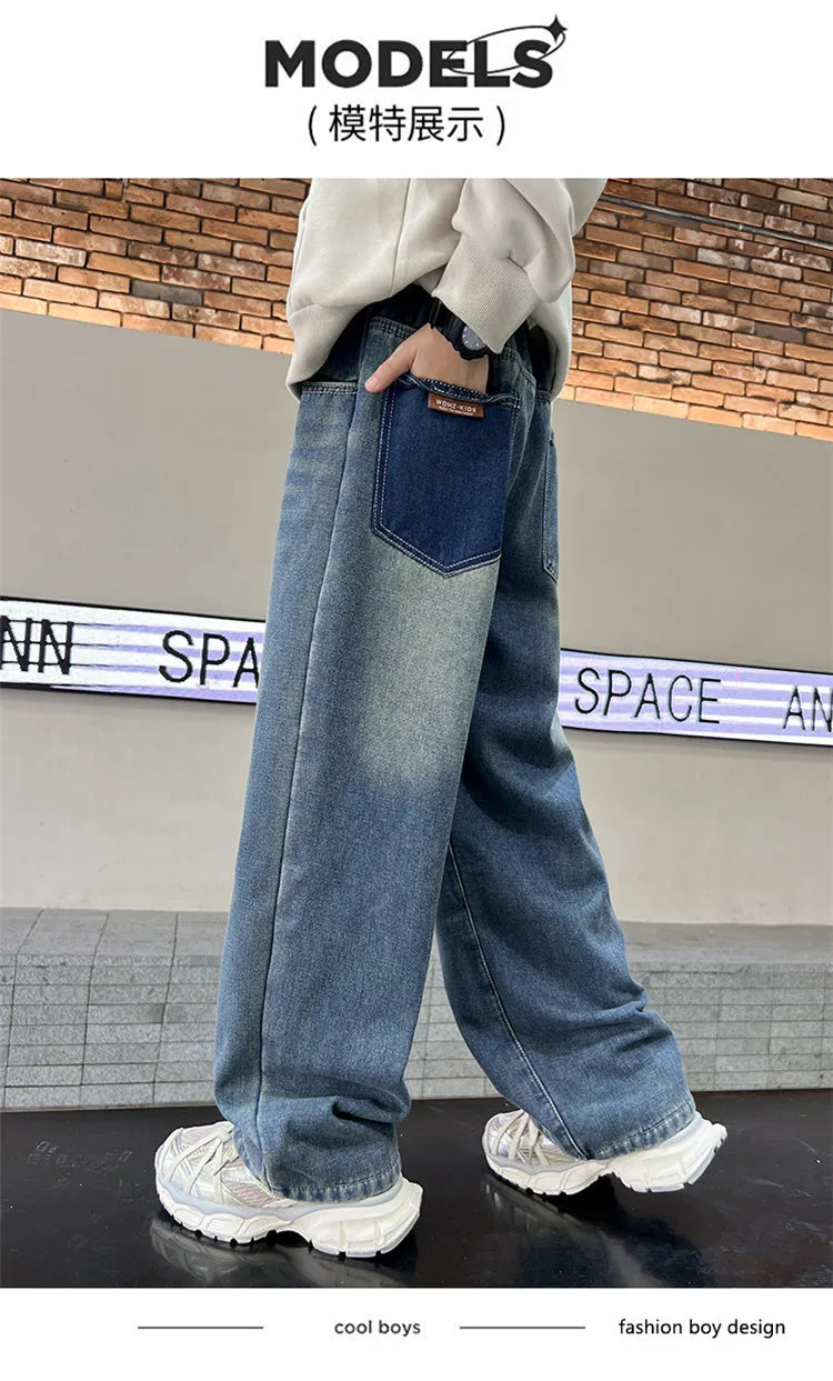 Boys Jeans 2024 Autumn&winter New Teenage Children Plus Fleece Warm Pants Boys Fried Street Handsome Pants Kids Denim Trousers