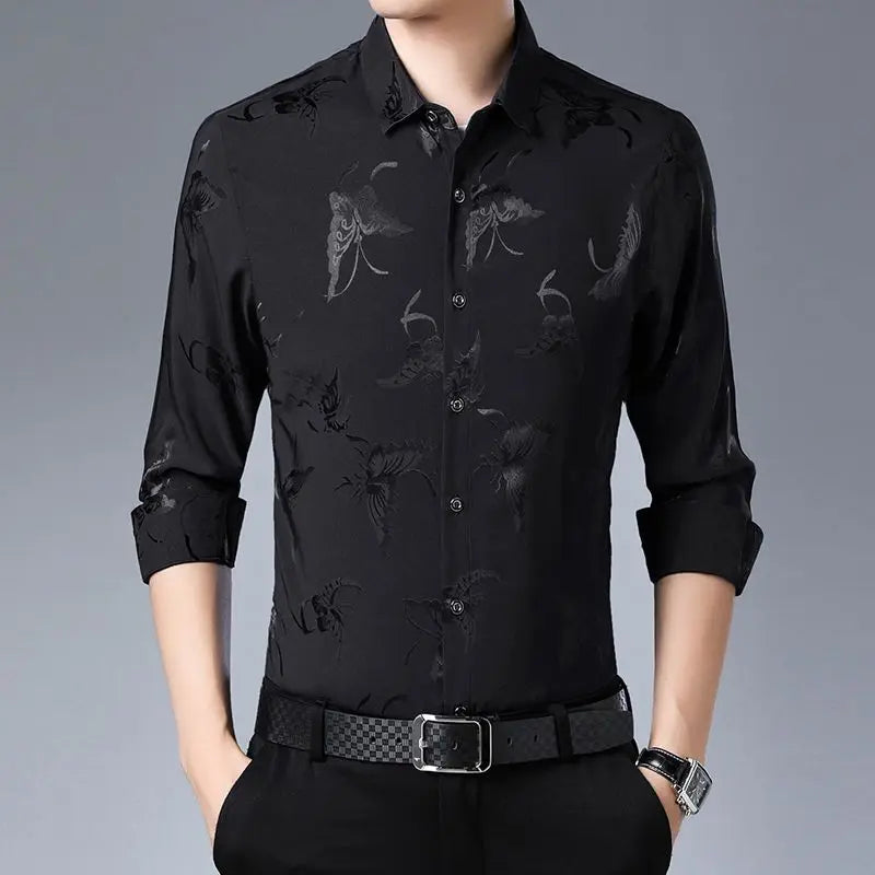 Streetwear Fashion Men Silk Smooth Shirt Spring Autumn New Male Clothes Business Casual Vintage Long Sleeve Basic Casual Tops
