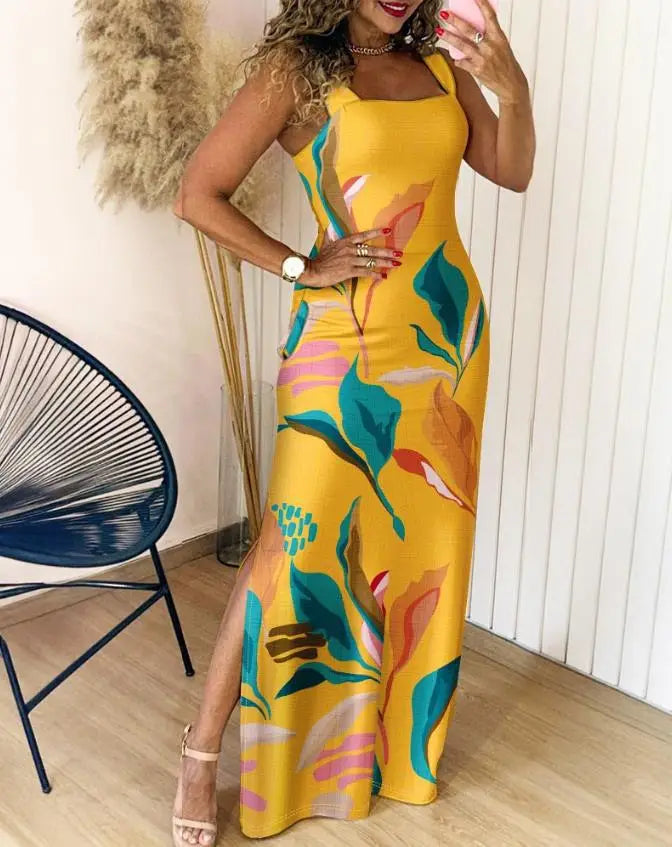 Boho Womens Summer Dress Retro Print Casual Slim Slit Square Neck Sleeveless Strappy Elegant  Tank Dresses For Women Robe