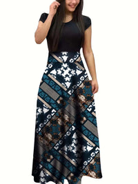 2024 European and American style flower print color matching short sleeved dress for women's large swing skirt