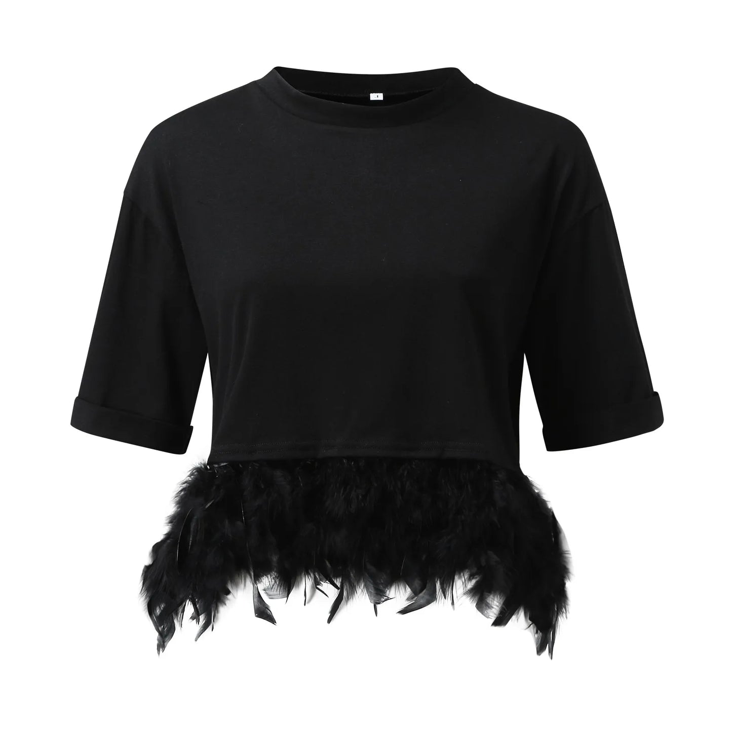 2023Short Sleeve Feathers Crop Top Women Black Summer White Furry O-neck T Shirts Female Elegant Y2k Sexy Club Party Tops