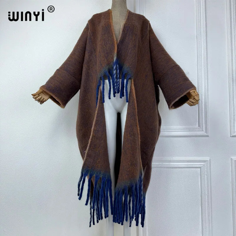 WINYI new Winter Women Solid color Luxury Fur Neutral coat Loose cardigan elegant Warm Female coat over poncho tassels jacket