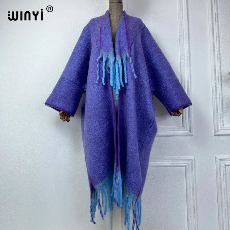 WINYI new Winter Women Solid color Luxury Fur Neutral coat Loose cardigan elegant Warm Female coat over poncho tassels jacket