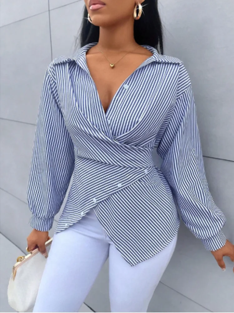 Striped V-neck Long Sleeved Lace Button Up Women's T-shirt Fashionable Versatile Daily Urban Style Spring Top