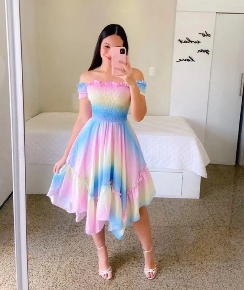 Vestido Bohemio Informal Holgado De Verano Para Mujer, Manga Corta, Cuello En V, Cintura Alta Elástica, 2025