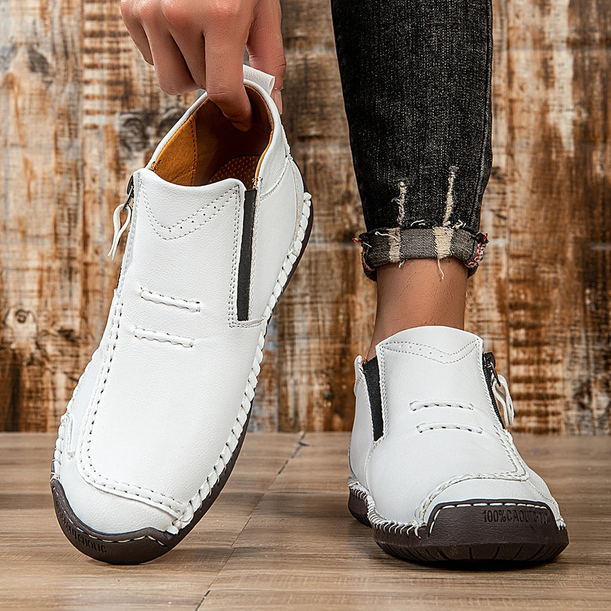 New Classic Handmade Leather Men's Shoes with Zipper Design Outdoor Sneakers Casual Flat Shoes Men Work Shoes Ankle Boots