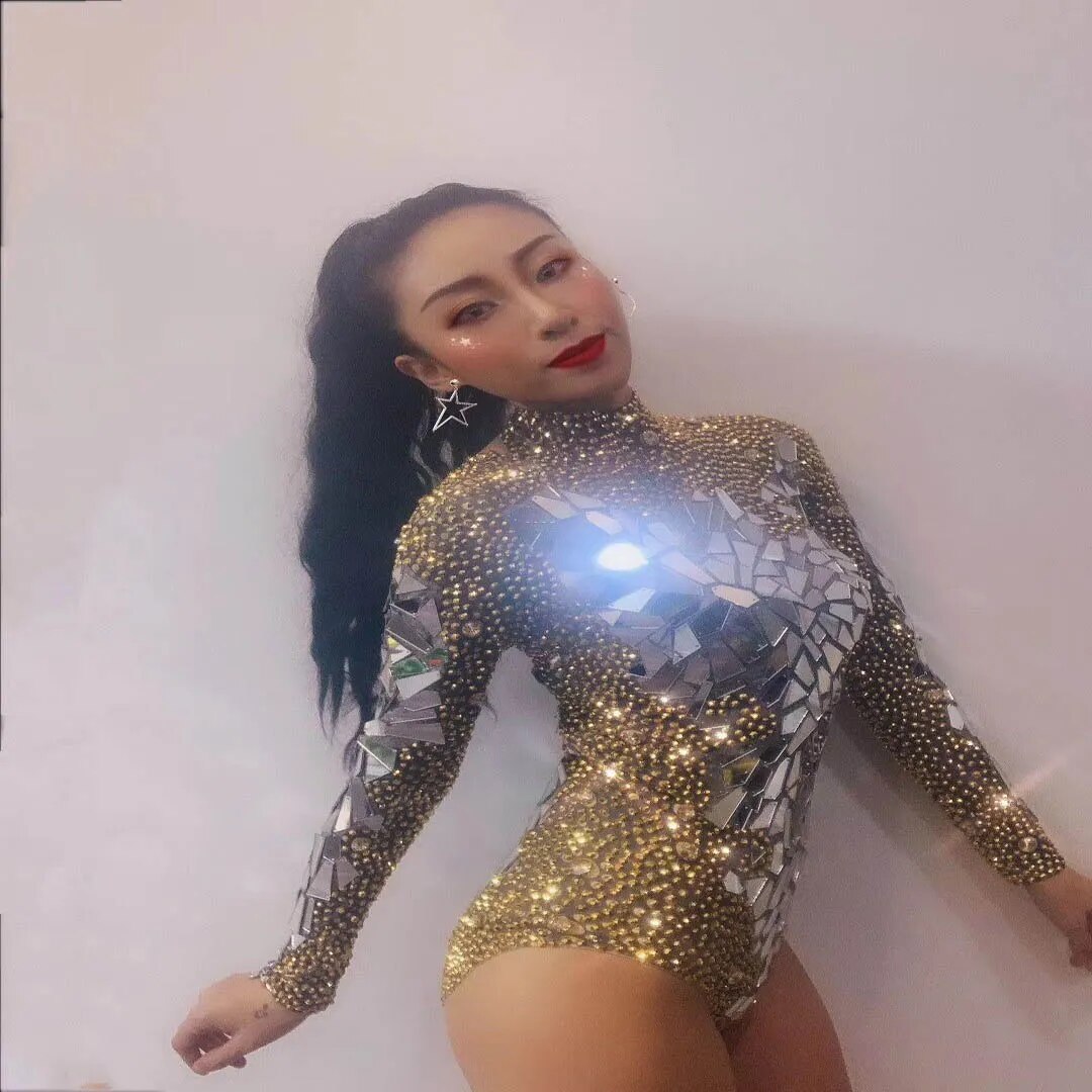 Sparkly Gold Rhinestones Mirrors Shining Bodysuit Women Birthday Celebrity Prom Party Outfit Singer Stage Rompers Dance Costume