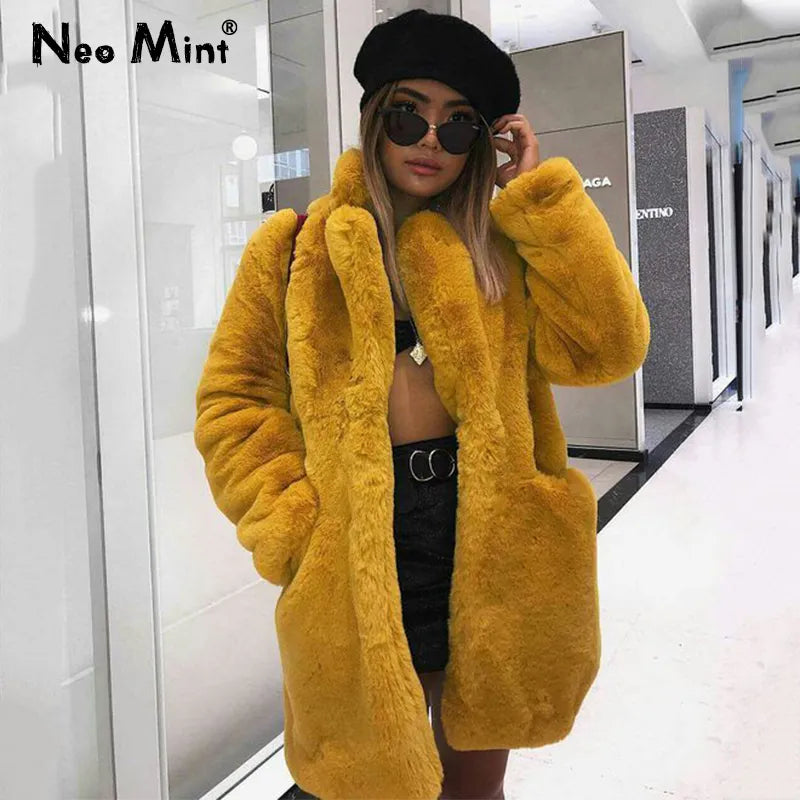 2023 New Solid Plush Faux Rabbit Fur Jacket Coat Women Winter Thicken Warm Overcoats Chic Girls Long Lapel Collar Fake Fur Coats