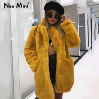 2023 New Solid Plush Faux Rabbit Fur Jacket Coat Women Winter Thicken Warm Overcoats Chic Girls Long Lapel Collar Fake Fur Coats