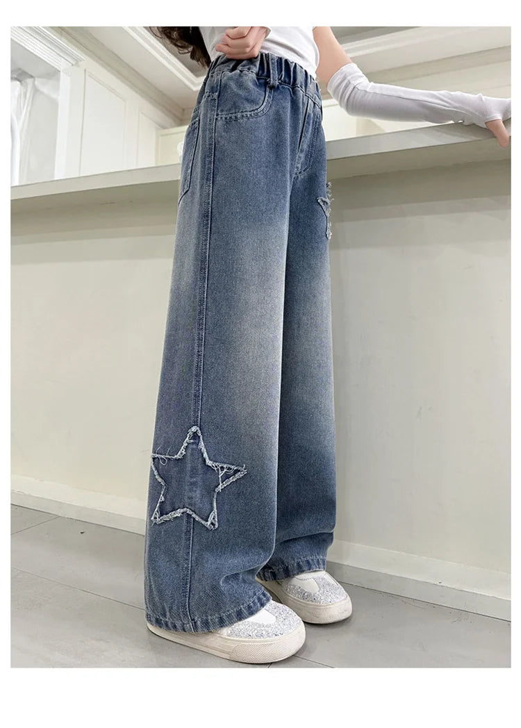 Girls Jeans 2025 Spring Autumn New Fashion Star Pattern Casual Denim Pants School Kids Trendy Teenage Children's Trousers 5-14T