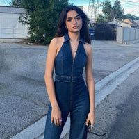 Sexy Elegant Denim Jumpsuit Women Sleeveless Zipper Fashion High Street Wide Legs Activewear Deep V-Neck One-Pieces Rompers