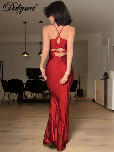 Dulzura Sleeveless Backless Lace Up Cami Maxi Dress Sexy Elegant Bodycon Outfit For Prom Evening Party Club Autumn Winter