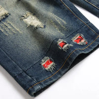 2024 Summer Vintage Washed Men Denim Shorts Casual Fashion Street Wear Ripped Hole Patches Distressed Male Straight Jeans Shorts