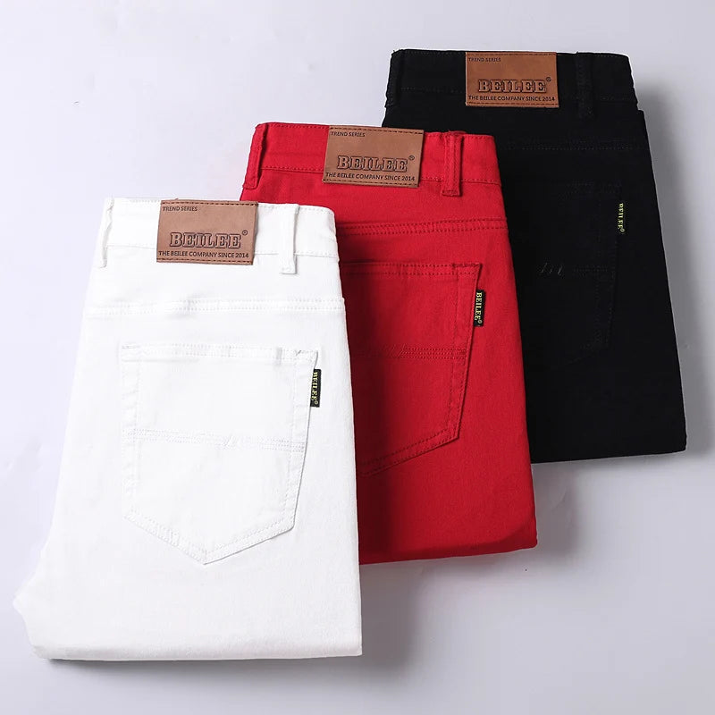 New High Quality Men's Trend Yellow Red White Jeans 2024 Spring Autumn Male High Waist Casual Pants Classic Brand Denim Trousers